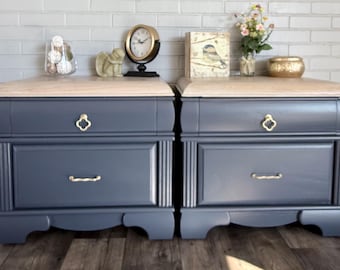 Refinished Blackhawk Furniture Nightstands – Navy Blue, Natural Wood, Mid-Century Modern Bedside Tables