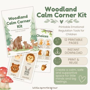 以下が含まれることがあります： 子供向けの印刷可能な感情調整ツールを備えた、Woodland Calm Corner Kit。 キットには、森の動物と感情が描かれたイラストカードと、落ち着かせるアクティビティの選択肢が含まれています。 子供たちのために落ち着いた、サポート的な空間を作り出すように設計されています。