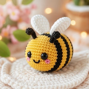 Peut inclure: Une abeille crochetée à la main, avec des rayures jaunes et noires, des ailes blanches et un visage souriant avec des joues roses. L'abeille a des yeux et des antennes noirs. La peluche est posée sur une surface crochetée crème.