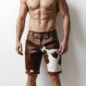 Men's Cowhide Leather Patchwork Shorts – Handmade Hair-On Hide, Rustic Western Festival Outfit