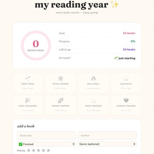 Rastreador de libros interactivo / Registro de lectura en HTML con objetivos y logros / Descarga digital