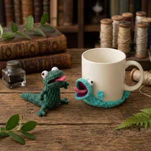 May include: A white ceramic mug with a teal crochet lizard wrapped around it, and a separate green crochet lizard. Both lizards have open mouths with pink tongues and white eyes. The items are on a wooden surface.