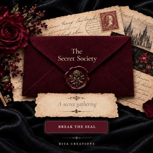May include: A deep red velvet envelope featuring the text The Secret Society and a wax seal with a floral design. It is surrounded by vintage-style paper, a gold skeleton key, dark red roses, and a black fabric background with text.