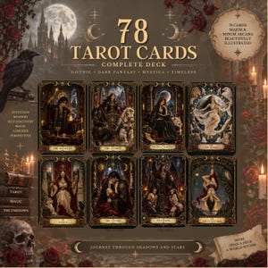 May include: A complete deck of 78 tarot cards featuring dark fantasy illustrations. The cards display figures like The Magician, The Chariot, The High Priestess, The World, Justice, The Lovers, The Devil, and The Hanged Man with ornate gold borders.