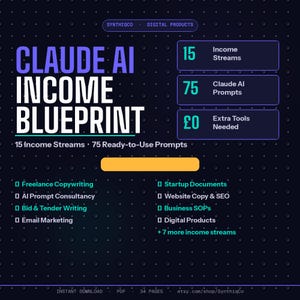 Op de afbeelding: Digitaal product getiteld "Claude AI Income Blueprint" met een donkere achtergrond en witte en blauwe tekst. Het bevat 15 inkomstenstromen, 75 prompts en extra tools. Bevat een lijst met inkomstenstromen zoals freelance copywriting en startup documenten.