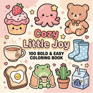 Puede incluir: Una portada de libro para colorear titulada Cozy Little Joy 100 Bold & Easy Coloring Book con ilustraciones de un cupcake de fresa, pulpo rosa, oso de peluche, taza de té, botas de lluvia azules, tostada con huevo, rana, cactus y cartón de leche.