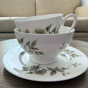 Vintage Royal Adderley "Arcadia" Fine Bone China Tee-Set - Tasse, Untertasse und Schüssel - Ridgway Potteries England 1960er Jahre - Florales grau-grünes Desig