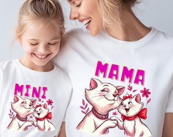 Mama and Mini Matching Cat Shirts, Cute White Kitten Mother Daughter Outfits, Personalized Mothers Day Gift, Pink Cat Mom T-Shirt