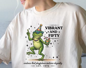 Custom Vibrant and Fifty Frog Sweatshirt, 1976 Birthday Gift for Her, Funny 50th Birthday Party Crewneck