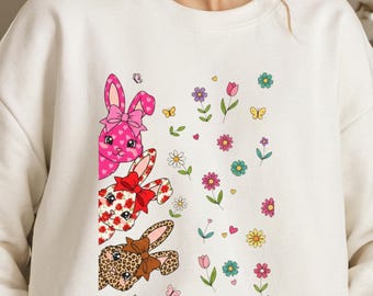 Cute Easter Bunny Sweatshirt, Floral Leopard Rabbit Crewneck, Trendy Spring Flower Shirt, Easter Gift for Women, Aesthetic Holiday Top