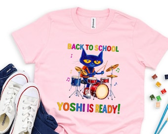 Custom Name Back to School Shirt Kids Blue Cat Drummer Tee Rockstar Cat Toddler T-Shirt Personalized First Day School Top