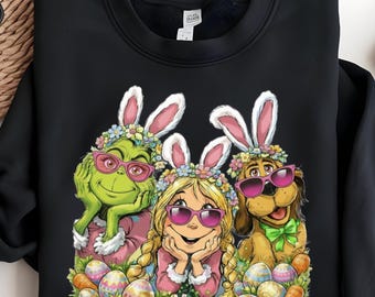 Easter Grinch Crewneck Sweatshirt, Bunny Ears Grinch Cindy Lou Max Shirt, Cute Easter Egg Hunter Gift, Colorful Holiday Aesthetic Pullover