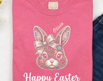 Personalized Happy Easter Shirt, Floral Bunny Face Custom Name Tee, Cute Easter Bunny Gift for Her, Trendy Spring Holiday Women Top