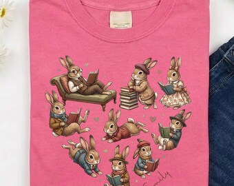 Vintage Bookish Bunny Heart Shirt, Cute Reading Rabbit Tee for Book Lovers,Coquette Cottagecore Aesthetic Clothes,Gift for Librarian Teacher