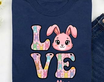 Personalized Love Easter Bunny Shirt for Kids, Custom Name Toddler Girl Easter Gift, Colorful Rabbit Tee, Vibrant Youth Holiday Top