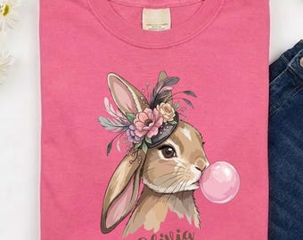 Custom Name Easter Bunny Girl Shirt, Pink Bubblegum Rabbit Tee, Personalized Spring Floral Kids Gift, Toddler Easter Outfit, Olivia Shirt