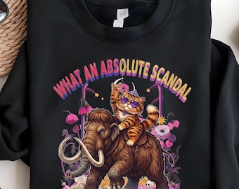 Absolute Scandal Cat Riding Mammoth T-Shirt, Retro Surreal Graphic Tee, Funny Weirdcore Cat Gift