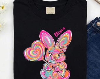 Personalized Easter Bunny Shirt for Kids, Retro Colorful Bunny Lollipop T-Shirt, Custom Girl Name Easter Gift, Vibrant Toddler Rabbit Tee