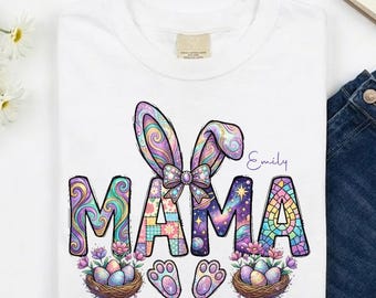 Custom Name Mama Easter Shirt, Mosaic Bunny Ears Motherhood Gift, Personalized Colorful Spring Tee, Easter Egg Hunt Mama Shirt, Emily
