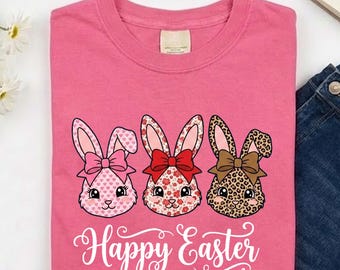 Happy Easter Shirt for Women, Cute Bunny Face Leopard Polka Dot Tee, Trendy Easter Sunday Outfit, Retro Rabbit Bow T-Shirt Gift for Her