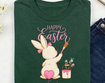 Personalized Happy Easter Bunny Artist Shirt, Cute Painting Rabbit Tee for Kids and Women, Pastel Easter Sunday Gift, Artistic Holiday Top