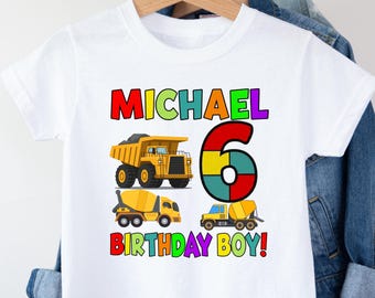 Personalized Construction Birthday Crew Shirts, Custom Name Age Family Matching Tees, Excavator Dump Truck Birthday Boy Party Gift Outfits