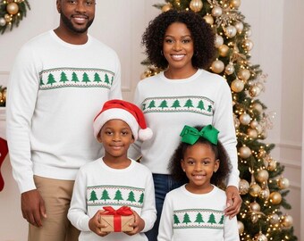 Matching Family Christmas Sweatshirts, Custom Holiday Crewnecks, Vibrant Green Tree Sweaters