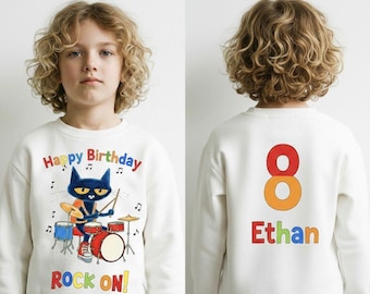 Personalized 8th Birthday Sweatshirt: Rock On Cat Drummer, Custom Name