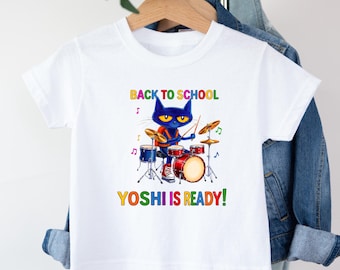 Custom Name Back to School Shirt Kids Blue Cat Drummer Tee Rockstar Cat Toddler T-Shirt Personalized First Day School Top