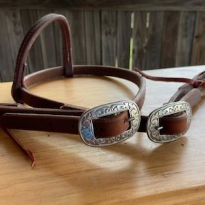May include: Brown leather horse halter with silver buckles featuring a floral design.