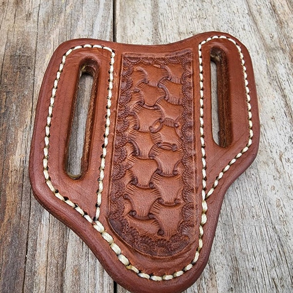 Beautiful hand tooled basket weave knife sheath/holster. Solid leather,  pancake sheath, fits standard 2 blade trapper knife. FREE SHIPPING