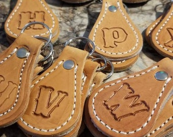 Leather initial keyring, premium leather double sided, backed with hair on cow-hide, handmade in Texas,USA (A-Z available)