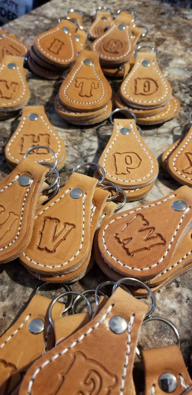 Leather initial keyring backed with hair on cow-hide A-Z available premium leather double sided handmade in Texas,USA