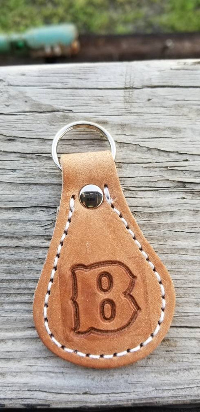 Leather initial keyring backed with hair on cow-hide A-Z available premium leather double sided handmade in Texas,USA