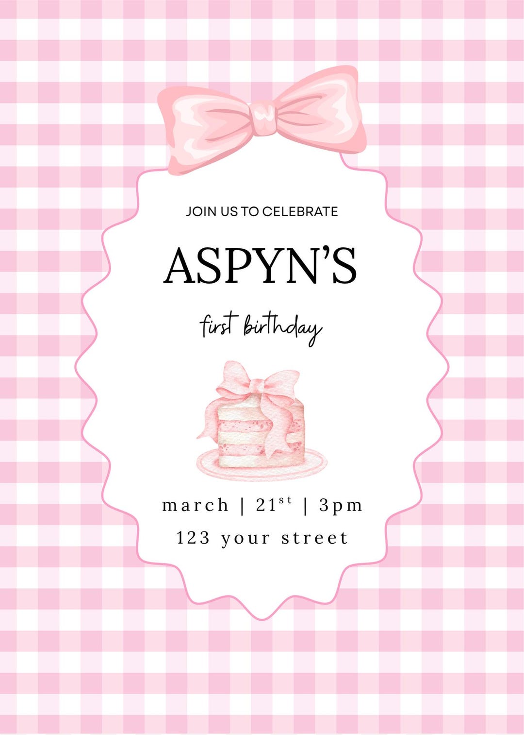 Editable Pink Gingham First Birthday Invitation, Coquette Bow Template ...
