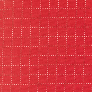 May include: A vibrant red fabric featuring a repeating grid pattern composed of small, white dotted lines. The design consists of vertical and horizontal rows of tiny white dots that intersect to form a consistent square check layout across the surface.