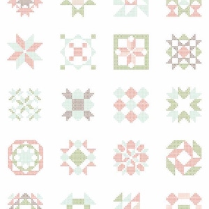 May include: A collection of sixteen geometric cross-stitch patterns in pastel colors of pink, green, and gray. Each design is unique, featuring starbursts, squares, and diamond shapes. The patterns are arranged in a grid against a white background.