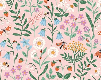 Riley Blake-Meadow Moments Pink Blooms and Bug yardage, SOLD in HALF yard increments #C17231-Pink