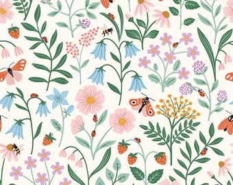 Riley Blake-Meadow Moments Cream Blooms and Bugs yardage, SOLD in HALF yard increments #C17231-CREAM