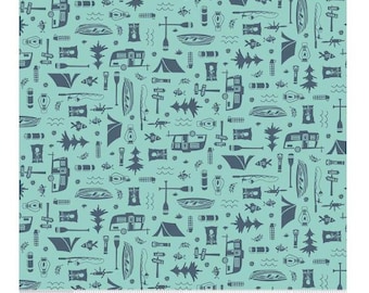 Riley Blake Happy Haven Let's Camp Aqua yardage, SOLD in HALF yard increments C-17622-Aqua