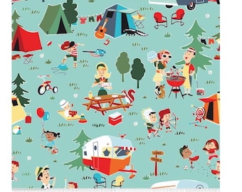 Riley Blake Happy Haven Aqua Main Camper yardage, SOLD in HALF yard increments C-17620- Aqua