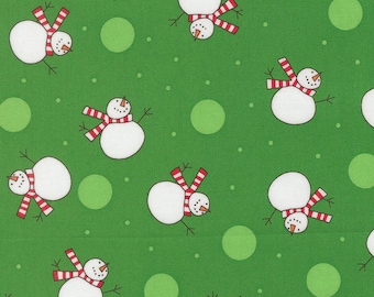 Moda, Snow Time- Snowmen on Green- yardage, SOLD in HALF yard increments 22501 13-Green