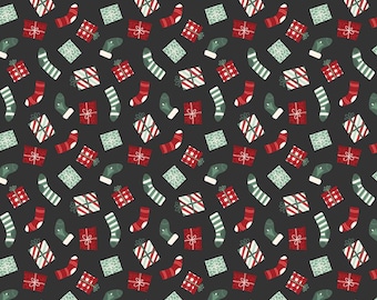 Riley Blake-Evergreen Wishes Stockings and Gifts- Black- yardage, SOLD in HALF yard increments #c17812-BLACK
