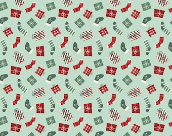 Riley Blake-Evergreen Wishes Stockings and Gifts-Mint- yardage, SOLD in HALF yard increments #c17812-MINT