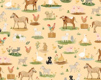 Riley Blake Lil' Farm Friends By Kelsey Carlson- Animals on The Farm Butter, SOLD in HALF yard increments C17941-Butter