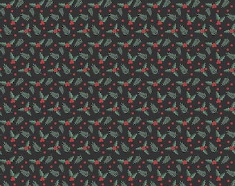 Riley Blake-Evergreen Wishes Holly Berries Black- yardage, SOLD in HALF yard increments #c17814-BLACK