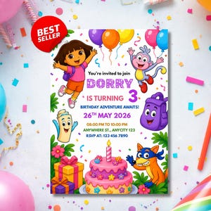 Könnte beinhalten: Eine farbenfrohe Geburtstagseinladung mit Dora the Explorer-Charakteren. Die Einladung enthält den Text "Dorry wird 3" und Party-Details. Ballons, eine Torte und Geschenkboxen schmücken die Einladung. Die Einladung ist mit Konfetti verziert.
