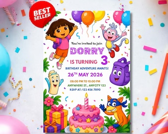 Dora Explorer Geburtstagseinladungsvorlage, 5x7 Canva Partyeinladung (Digitaler Download)