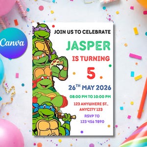 May include: A birthday party invitation featuring the Teenage Mutant Ninja Turtles. The invitation includes the text "Join us to celebrate Jasper is turning 5" with event details. The design incorporates green, red, and blue colors.