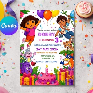 Dora & Diego Explorer Birthday Invitation Template, 5x7 Canva Party Invite (Digital Download)